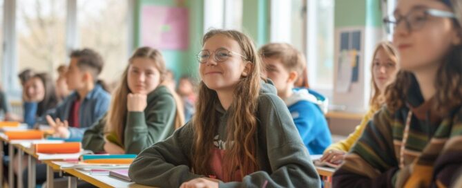 Attentive student in colorful classroom 1000